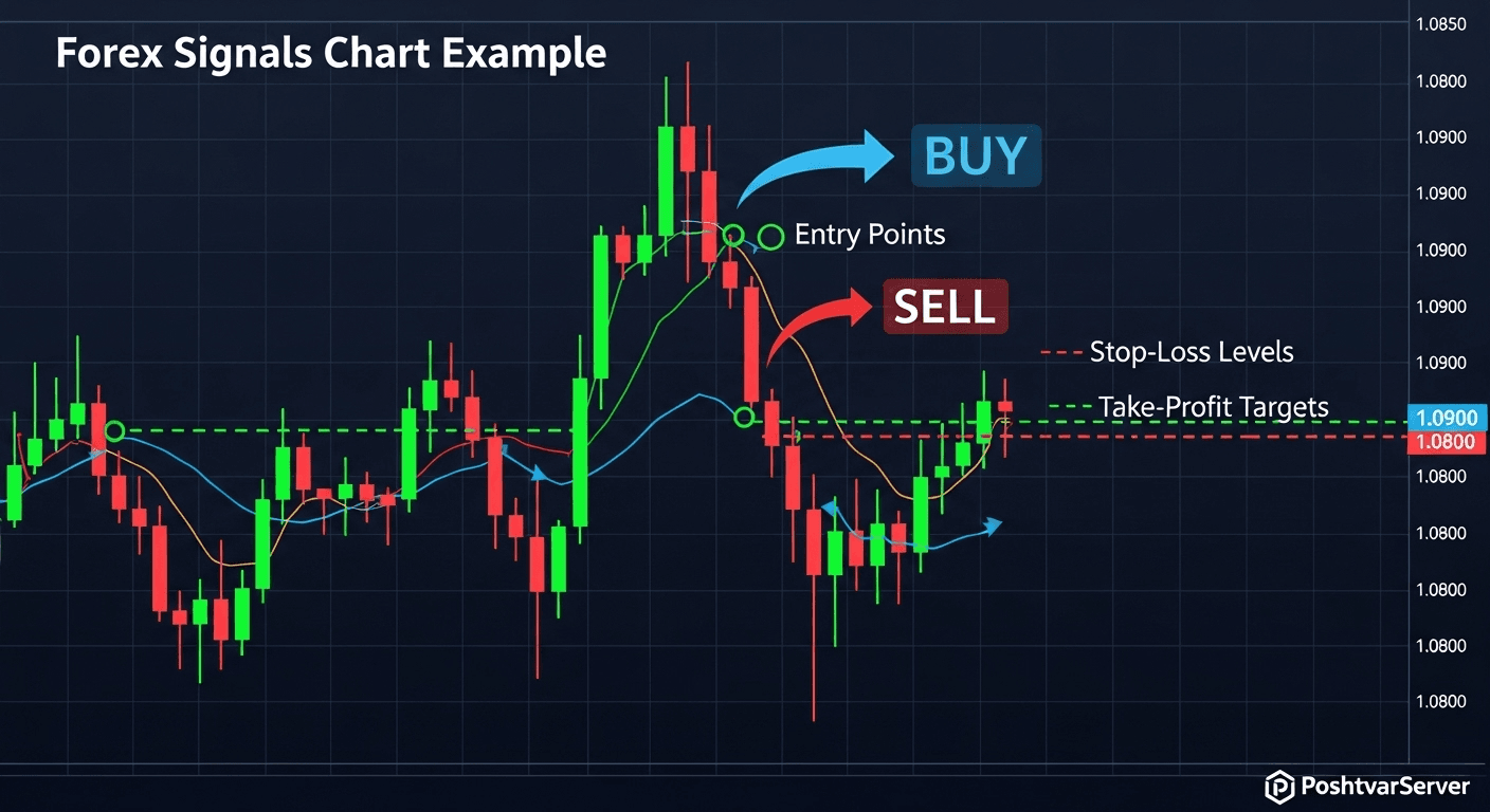 نمودار کندل استیک فارکس با سیگنال‌های خرید، فروش، نقاط ورود، حد ضرر و اهداف سود، نشان‌دهنده سیگنال فارکس چیست و نحوه استفاده از سیگنال فارکس.