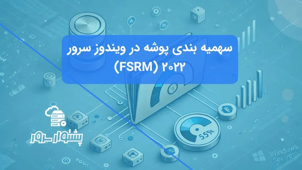تصویر مفهومی آبی رنگ از مدیریت سهمیه بندی پوشه ویندوز سرور با استفاده از FSRM، نمایانگر کنترل فضای ذخیره‌سازی و محدودیت حجم پوشه اشتراکی.