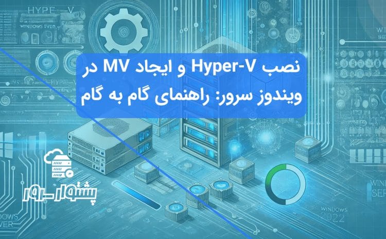 تصویر مفهومی آبی رنگ نمایشگر مراحل نصب Hyper-V و ایجاد یک ماشین مجازی جدید (VM) در محیط ویندوز سرور 2022.
