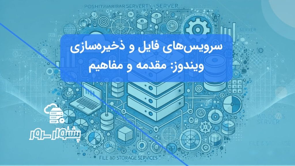 تصویر مفهومی آبی رنگ با آیکون‌های سرور و فایل، نمایانگر آشنایی با سرویس‌های فایل ویندوز سرور و ابزارهای مدیریت ذخیره‌سازی.