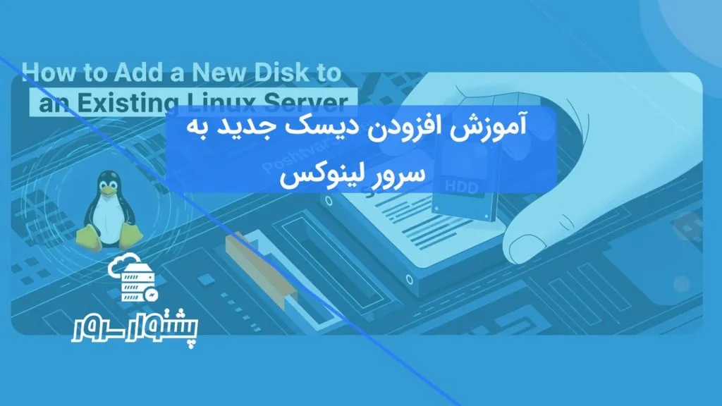 تصویر مفهومی از افزودن دیسک جدید به سرور لینوکس با نمادهای هارد دیسک و پنگوئن Tux، نشان‌دهنده پارتیشن بندی دیسک لینوکس با fdisk.