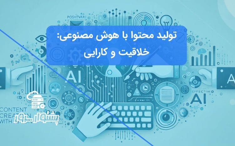 تصویر مفهومی آبی رنگ از یک ربات یا هوش مصنوعی در حال کمک به یک انسان برای تولید محتوا، نشان‌دهنده استفاده از ابزارهای AI برای تولید محتوا و ارتباط مؤثر.