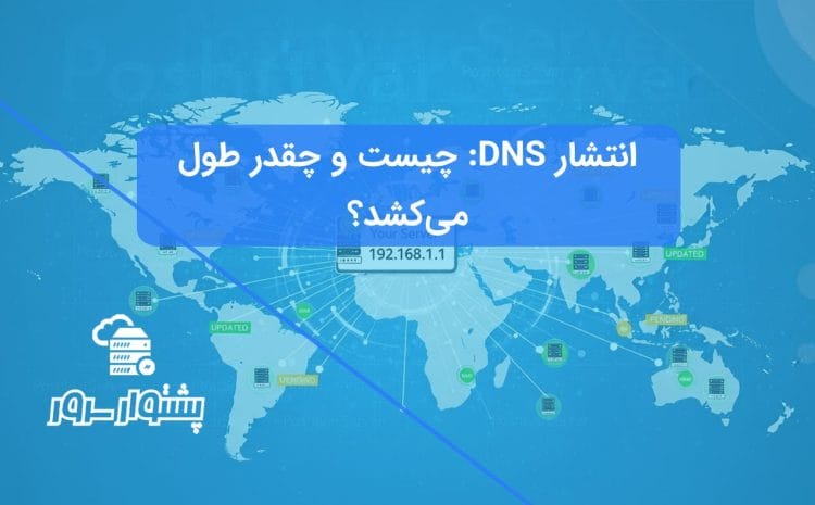 نقشه جهان با نمادهای سرور که فرآیند انتشار DNS و به‌روزرسانی رکوردهای DNS در سراسر جهان را نشان می‌دهد و به سوال "DNS Propagation چیست؟" پاسخ می‌دهد.