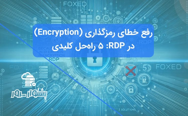 تصویر مفهومی آبی رنگ نمایش دهنده رفع خطای RDP رمزگذاری داده با نمادهای قفل شکسته و اتصال موفق، راهکاری برای مشکل Encryption در Remote Desktop.