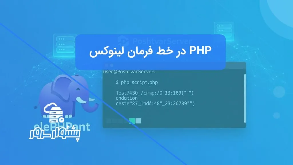 تصویر مفهومی از اجرای PHP در خط فرمان لینوکس، با نمایش ترمینال و لوگوی PHP، مرتبط با آموزش PHP تعاملی.