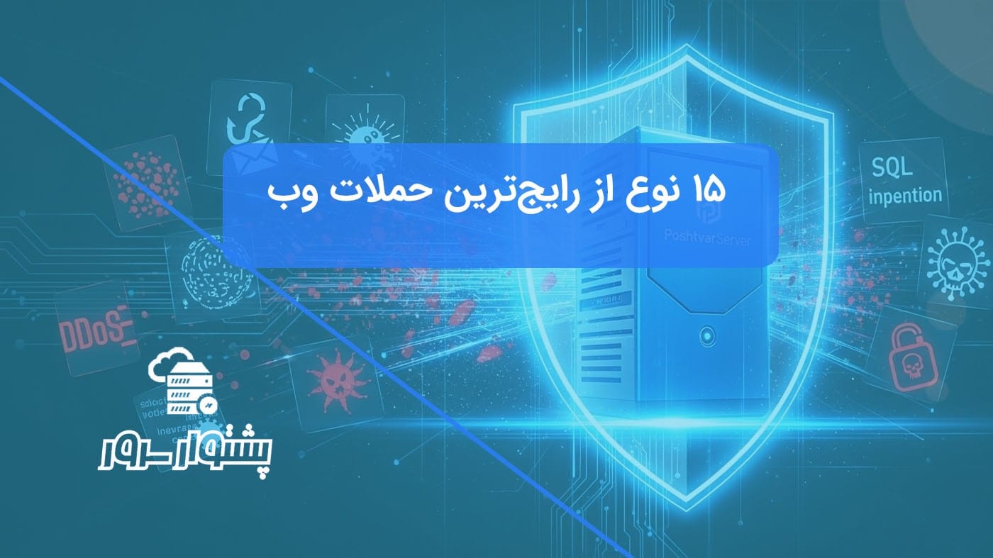 تصویر مفهومی از یک سرور امن که در برابر انواع حملات وب مانند فیشینگ، DDoS و SQL Injection محافظت می‌شود.