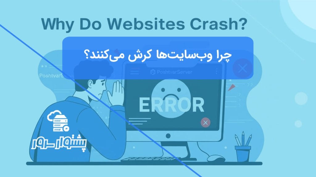 تصویر مفهومی از یک کاربر ناامید در کنار یک کامپیوتر که پیغام خطا نمایش می‌دهد، نمادی از دلایل از کار افتادن وب سایت.