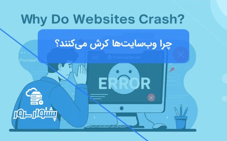 تصویر مفهومی از یک کاربر ناامید در کنار یک کامپیوتر که پیغام خطا نمایش می‌دهد، نمادی از دلایل از کار افتادن وب سایت.
