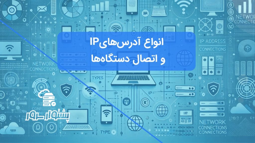 "تصویر مفهومی از انواع آدرس‌های IP شامل عمومی، خصوصی، ثابت و پویا با نمایش شبکه‌ای از دستگاه‌های متصل در تم آبی."