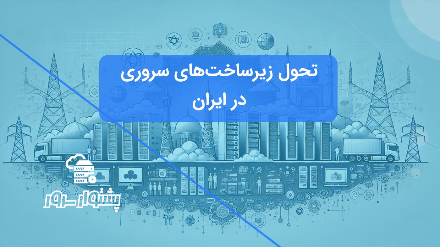 تصویر افقی مقاله با موضوع تکامل سرورهای ایران، شامل دیتاسنترهای مدرن، نمادهای رایانش ابری و اتصالات دیجیتال.