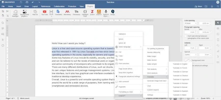 ChatGPT Context Menu in ONLYOFFICE Docs 