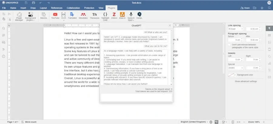 مکالمه با ChatGPT در ONLYOFFICE Docs 
