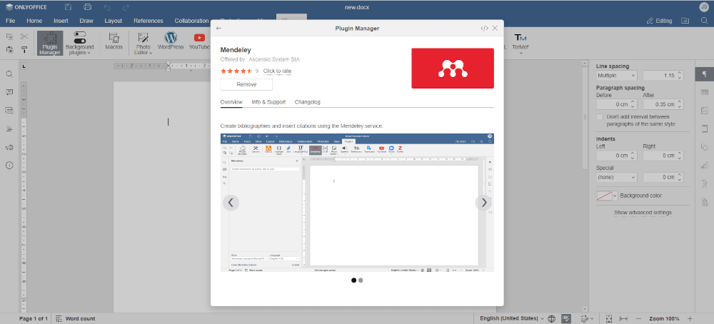 Mendeley Plugin in the ONLYOFFICE Plugins Manager 