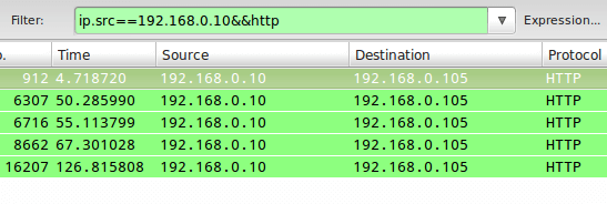 بررسی ترافیک HTTP از یک آدرس IP مشخص: برای این منظور، عبارت 'ip==192.168.0.10&&' را به فیلتر اضافه کنید تا ترافیک HTTP بین کامپیوتر محلی و آدرس IP 192.168.0.10 را مانیتور کنید