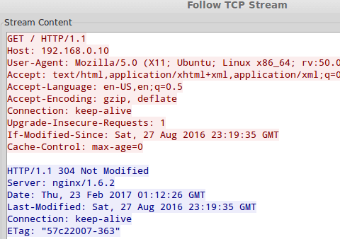 مانیتور کردن محتوای یک مکالمه TCP: برای بررسی محتوای یک مکالمه TCP (تبادل داده)، بر روی یک بسته خاص راست کلیک کرده و گزینه 'Follow TCP stream' را انتخاب کنید. یک پنجره جدید باز می‌شود که محتوای مکالمه را نمایش می‌دهد. این محتوا شامل هدرهای HTTP است اگر ترافیک وب را بررسی می‌کنیم و هرگونه اعتبارنامه متنی ساده که در طی فرآیند ارسال شده باشد، در صورت وجود