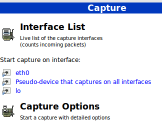 در این مقاله از رابط eth0 برای مانیتورینگ استفاده می‌کنیم، با این حال شما می‌توانید رابط دیگری را انتخاب کنید. پیش از انتخاب رابط، ابتدا به بررسی چند گزینه‌ی Capture خواهیم پرداخت و سپس مانیتورینگ را آغاز می‌کنیم
