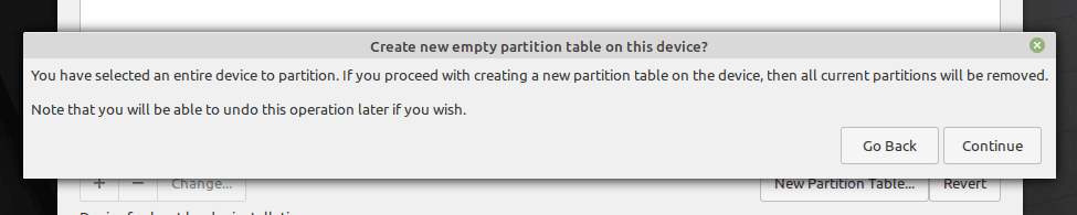 Confirm Create New Partition Table
