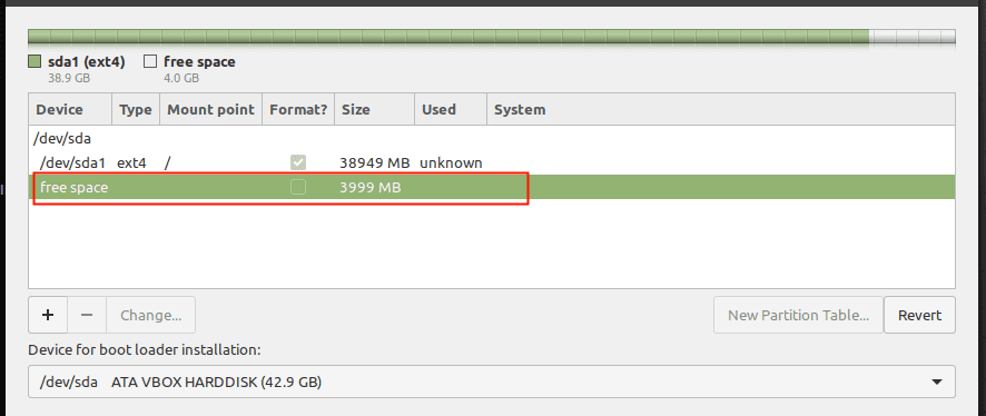 available-free space-after-creating root-partition