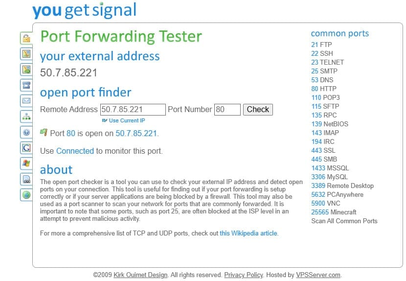 تصویر از ابزار آنلاین yougetsignal برای بررسی باز یا بسته بودن پورت در سرور مجازی