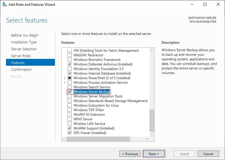 "فعال کردن Windows Server Backup در مراحل نصب ویژگی‌های ویندوز سرور 2019"