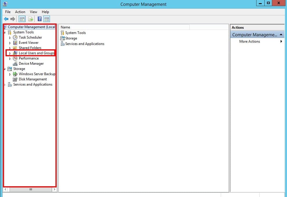 "انتخاب بخش Local Users and Groups در پنل سمت چپ ابزار مدیریت کامپیوتر (Computer Management) برای مدیریت کاربران ویندوز VPS."