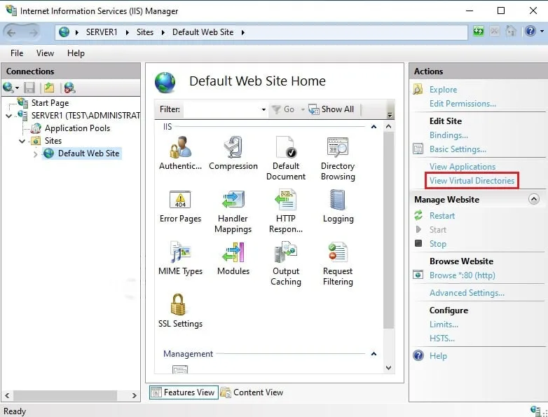 کنسول مدیریت IIS با انتخاب Default Web Site و هایلایت گزینه View Virtual Directories در پنل Actions جهت شروع پیکربندی دایرکتوری مجازی IIS.