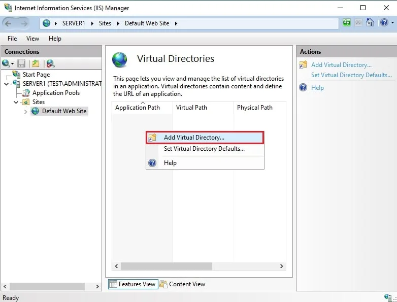 نمایش گزینه Add Virtual Directory در پنل Actions کنسول مدیریت IIS برای شروع فرآیند ایجاد یک مسیر مجازی جدید.