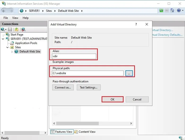 پنجره Add Virtual Directory در IIS که فیلدهای Alias با مقدار vdir و Physical path با مقدار c:\website برای پیکربندی مسیر مجازی جدید هایلایت شدهاند.