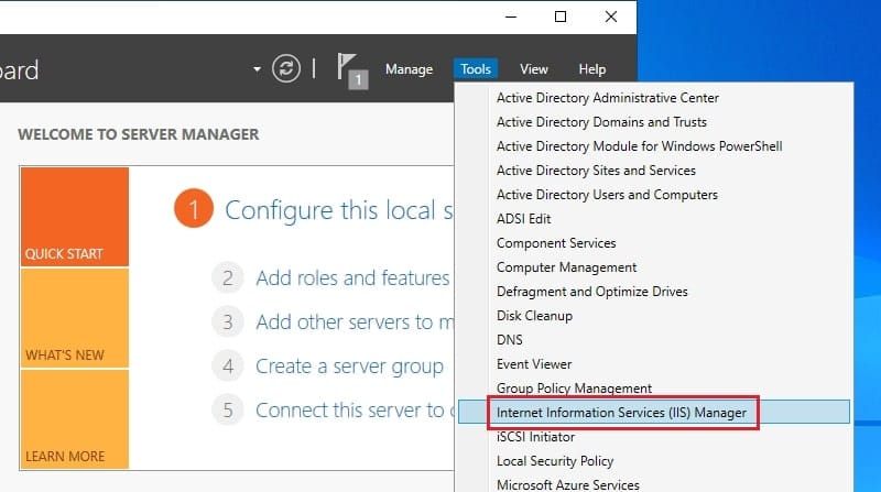 پیدا کردن و انتخاب Internet Information Services (IIS) Manager از منوی Tools در Server Manager.