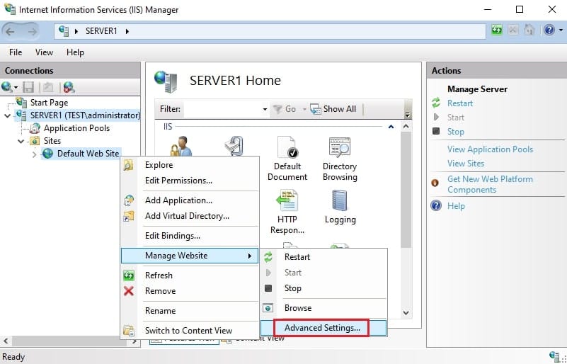 راست کلیک روی Default Web Site در IIS Manager و انتخاب گزینه Advanced Settings برای پیکربندی IIS.