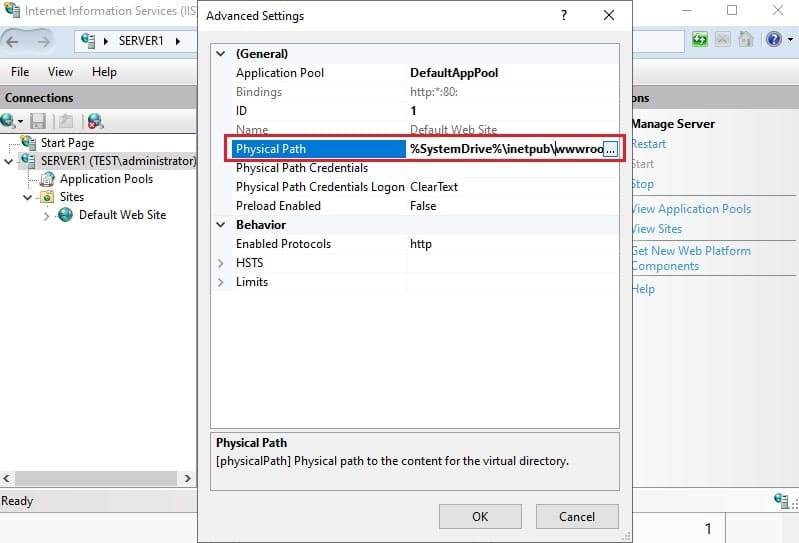 پنجره Advanced Settings با فیلد Physical Path هایلایت شده که مسیر پیشفرض inetpub\wwwroot را نشان میدهد.