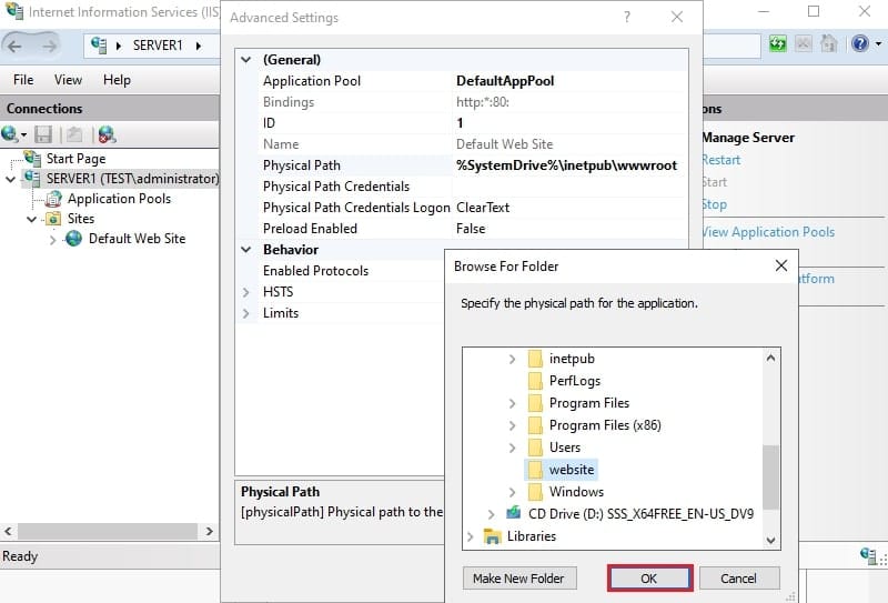 استفاده از پنجره Browse For Folder برای انتخاب یک پوشه جدید به عنوان Physical Path برای Default Web Site در IIS.