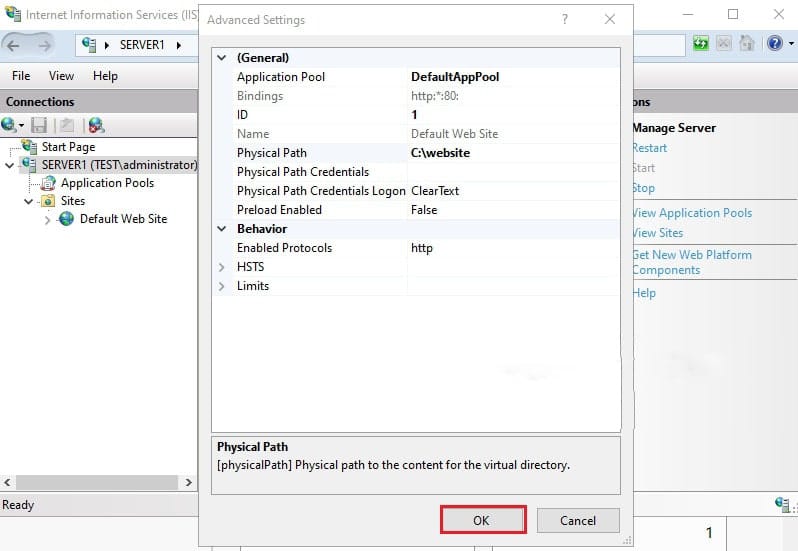 پنجره Advanced Settings پس از تغییر Physical Path و قبل از کلیک نهایی روی OK.