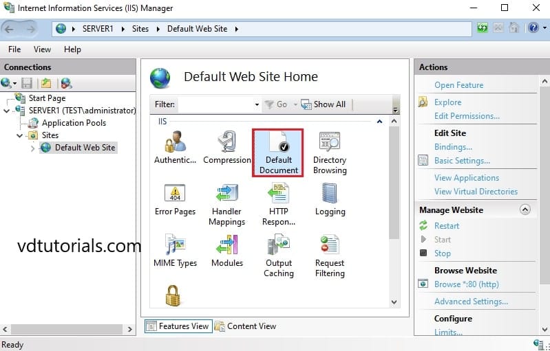 هایلایت آیکون Default Document در بخش Features View کنسول مدیریت IIS برای سایت پیشفرض.