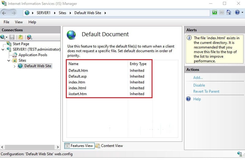 صفحه Default Document که لیست فایلهای پیشفرض قابل استفاده توسط وب سرور IIS را به ترتیب اولویت نشان میدهد.