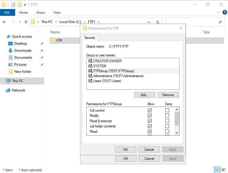 تصویر ۲: تنظیم دسترسی‌های پوشه فیزیکی برای گروه FTP.