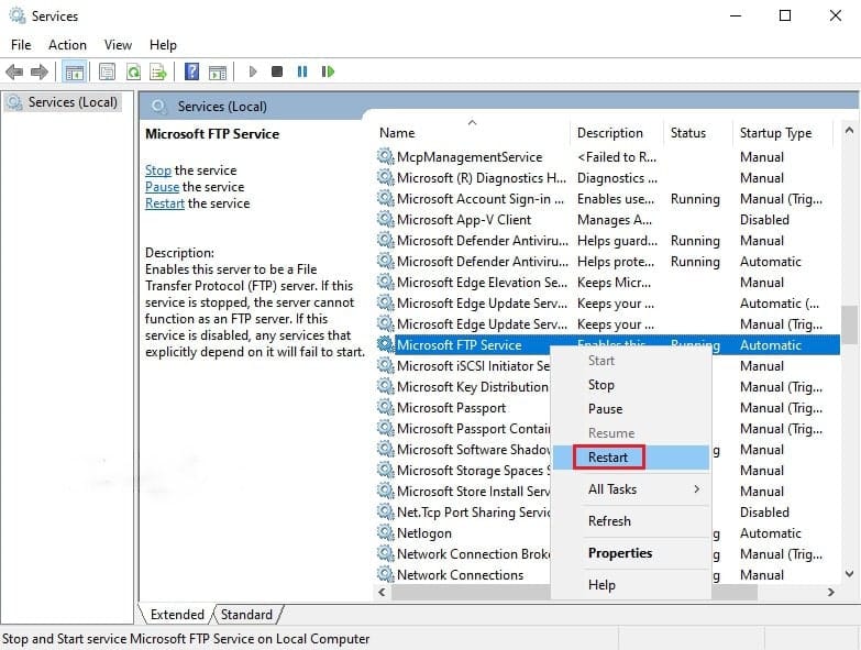 تصویر ۱۹: ریاستارت سرویس FTP.