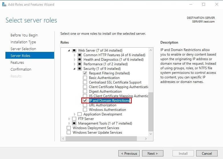 تصویر ۱: فعال‌سازی قابلیت محدودیت IP و دامنه از طریق Server Manager.