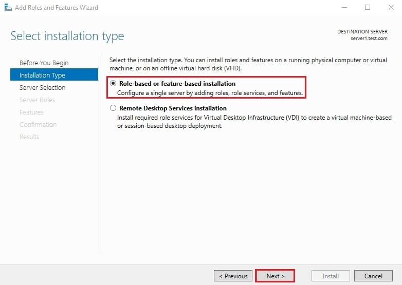 انتخاب گزینه Role-based or feature-based installation در ویزارد نصب نقشها برای نصب وب سرور IIS.