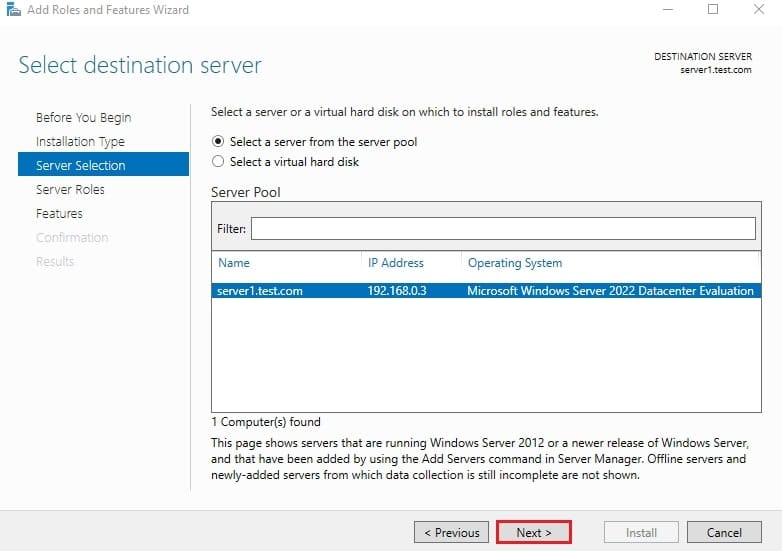 نتخاب سرور مورد نظر از Server Pool برای نصب نقش وب سرور IIS در ویزارد Add Roles and Features.