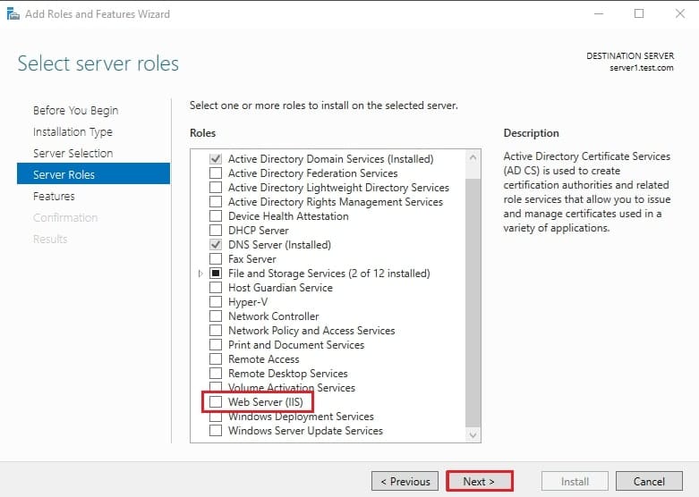 علامت زدن چکباکس نقش Web Server (IIS) در صفحه Select server roles برای شروع نصب وب سرور IIS.