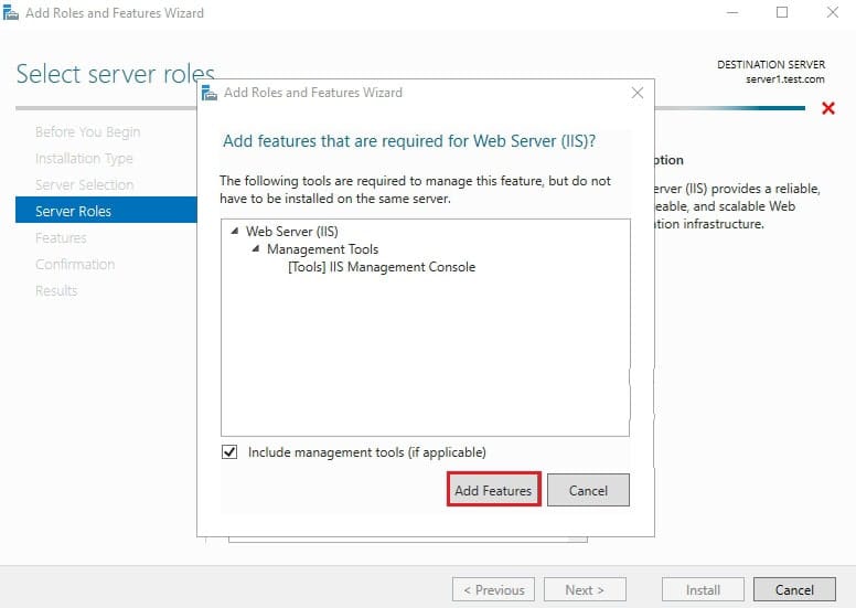 پنجره Add features required for Web Server (IIS) که نصب ابزارهای مدیریتی را پیشنهاد میدهد.