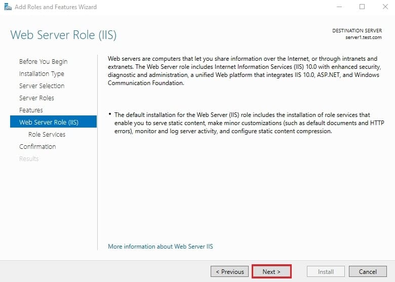 صفحه Select role services با سرویسهای پیشفرض وب سرور IIS انتخاب شده.