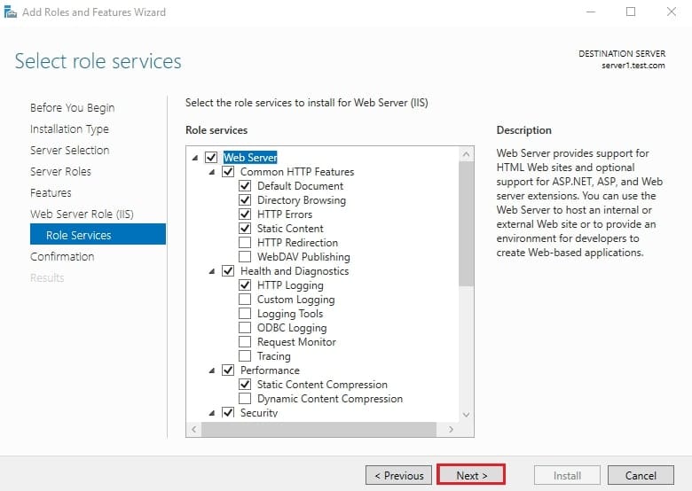 صفحه Confirm installation selections قبل از شروع نصب وب سرور IIS با لیست موارد انتخابی.