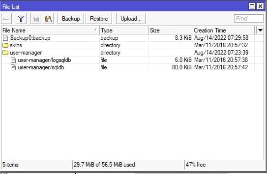 لیست فایل‌ها در Winbox پس از ایجاد موفقیت‌آمیز فایل بکاپ با نام Backup0.backup قبل از ارتقا RouterOS 6 به 7.
