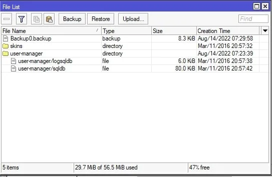 لیست فایلها در Winbox پس از ایجاد موفقیتآمیز فایل بکاپ با نام Backup0.backup قبل از ارتقا RouterOS 6 به 7.