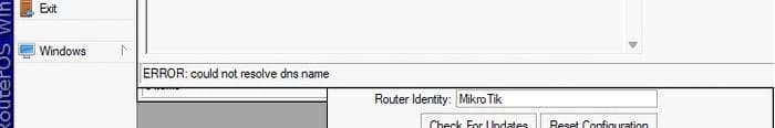 نمایش خطای عدم توانایی در ترجمه نام DNS (could not resolve dns name) در میکروتیک هنگام آپدیت.