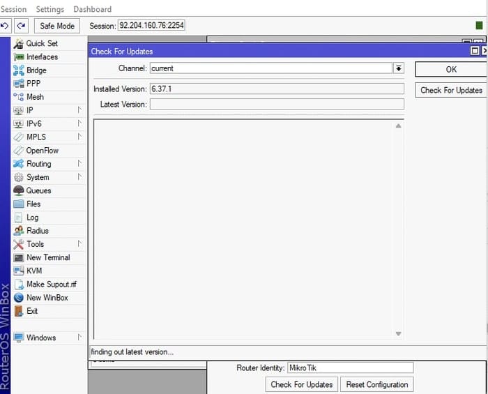 دکمه Check for Updates در بخش Quick Set وینباکس برای یافتن آخرین نسخه RouterOS 6.