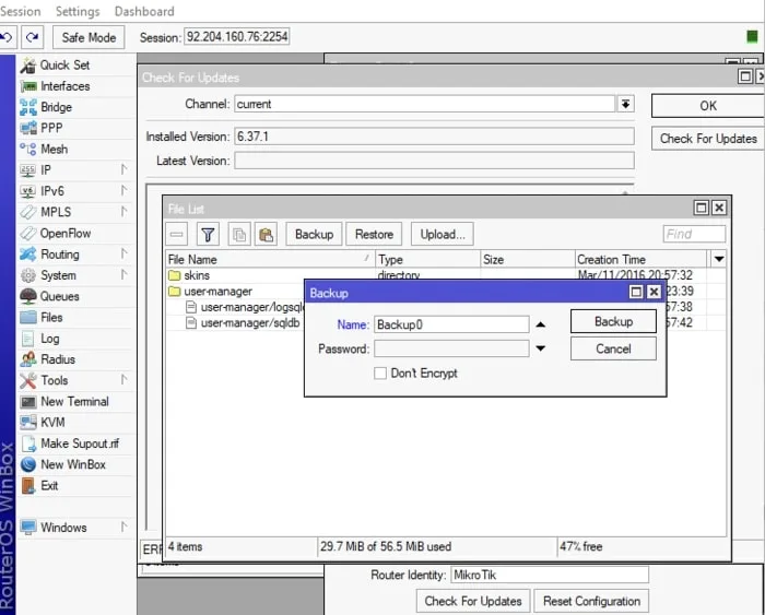 پنجره Files در Winbox میکروتیک با دکمه Backup برای شروع پشتیبانگیری قبل از آپگرید به ورژن ۷.