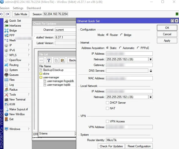 تب Quick Set در نرم افزار Winbox میکروتیک برای دسترسی به تنظیمات سریع و دکمه Check for Updates.